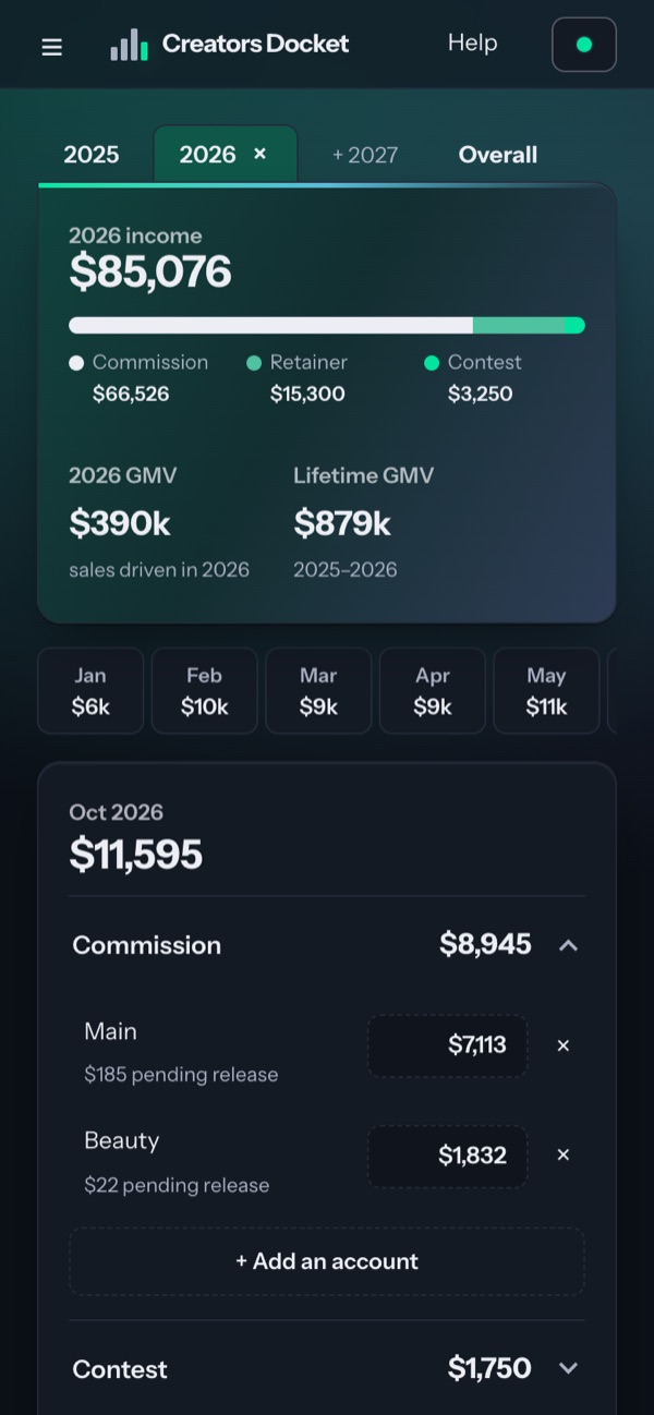 The Income screen: Commission and GMV, month by month